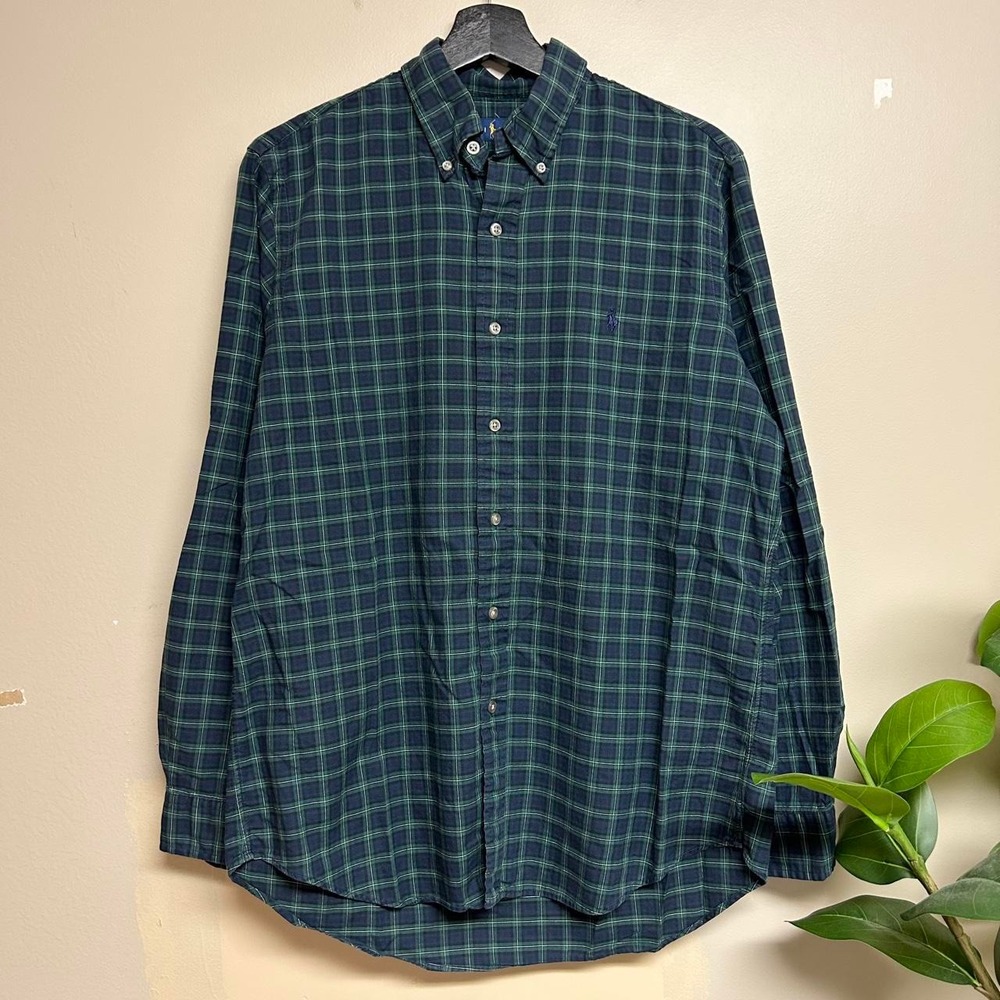 Vintage Ralph Lauren Mens Navy Green Plaid Flannel Button Up Shirt Medium 00s